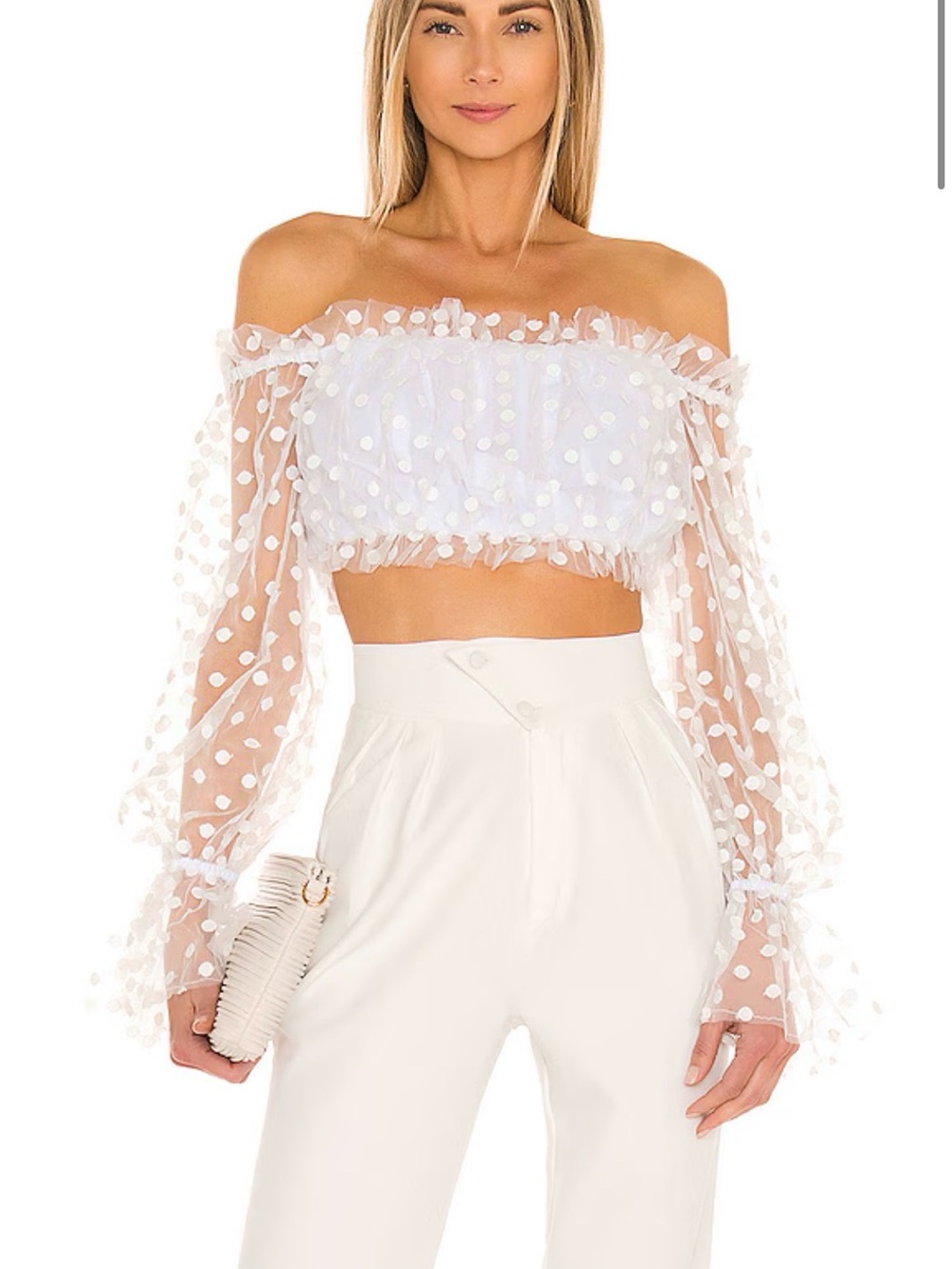 MAJORELLE Baby Bye Bye White Sheer Polka Dot Ruffle Crop Top